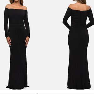 La Femme Off the Shoulder Long Sleeve Jersey Gown in Black